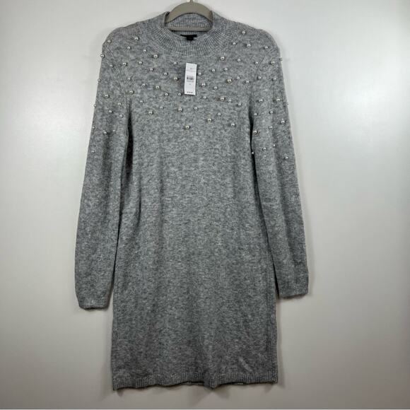Ann Taylor New Pearlized Mock Neck Sweater Dress Size M Heathered Gray Soft Knit - Picture 11 of 13